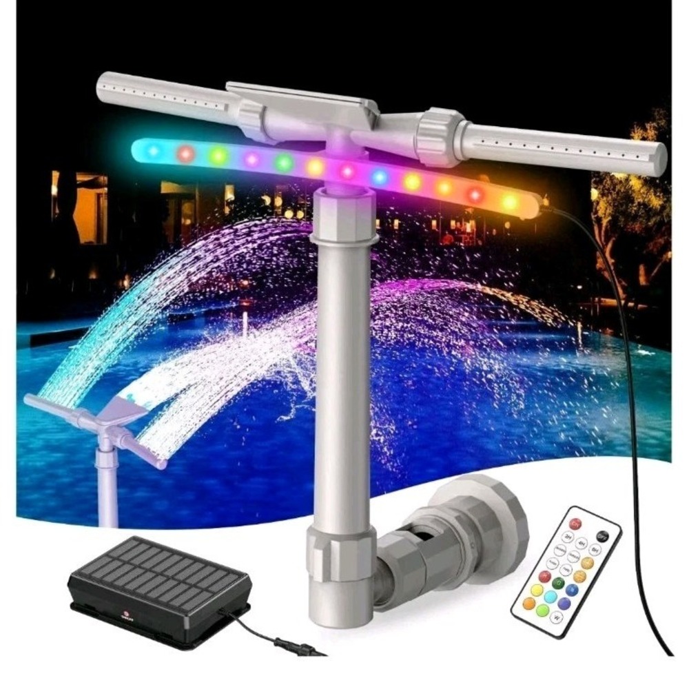 Solar Pool Fountain 9-Color LED Lights, Dual-Head Adjustable Waterfall Sprinkler